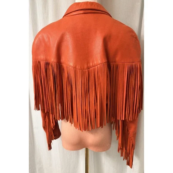 VTG North Beach Leather Women's Size Small 5/6 Cropped Red Fringe Leather Jacket - Picture 10 of 14